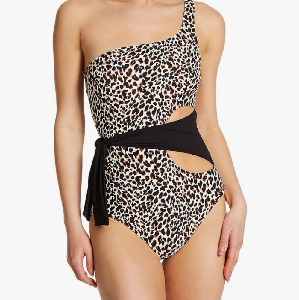 Vince Camuto Black Cut-Out One Shoulder Wrap Tie One Piece Swimsuit 10 NEW